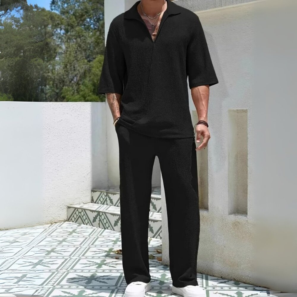 Men's Black Johnny Collar Half Sleeve Top & Pants Resort Outfit